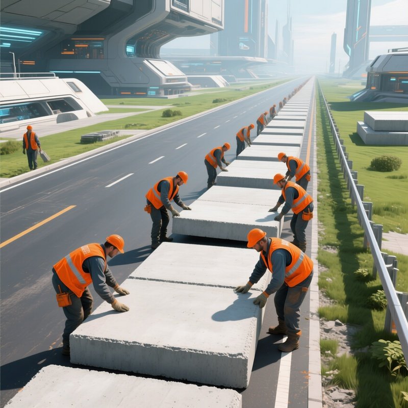 Conceptual Workers Aligning Concrete Slabs On Road