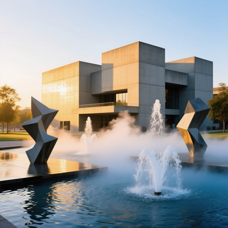 Concrete Cultural Center With Water Fountains Mist