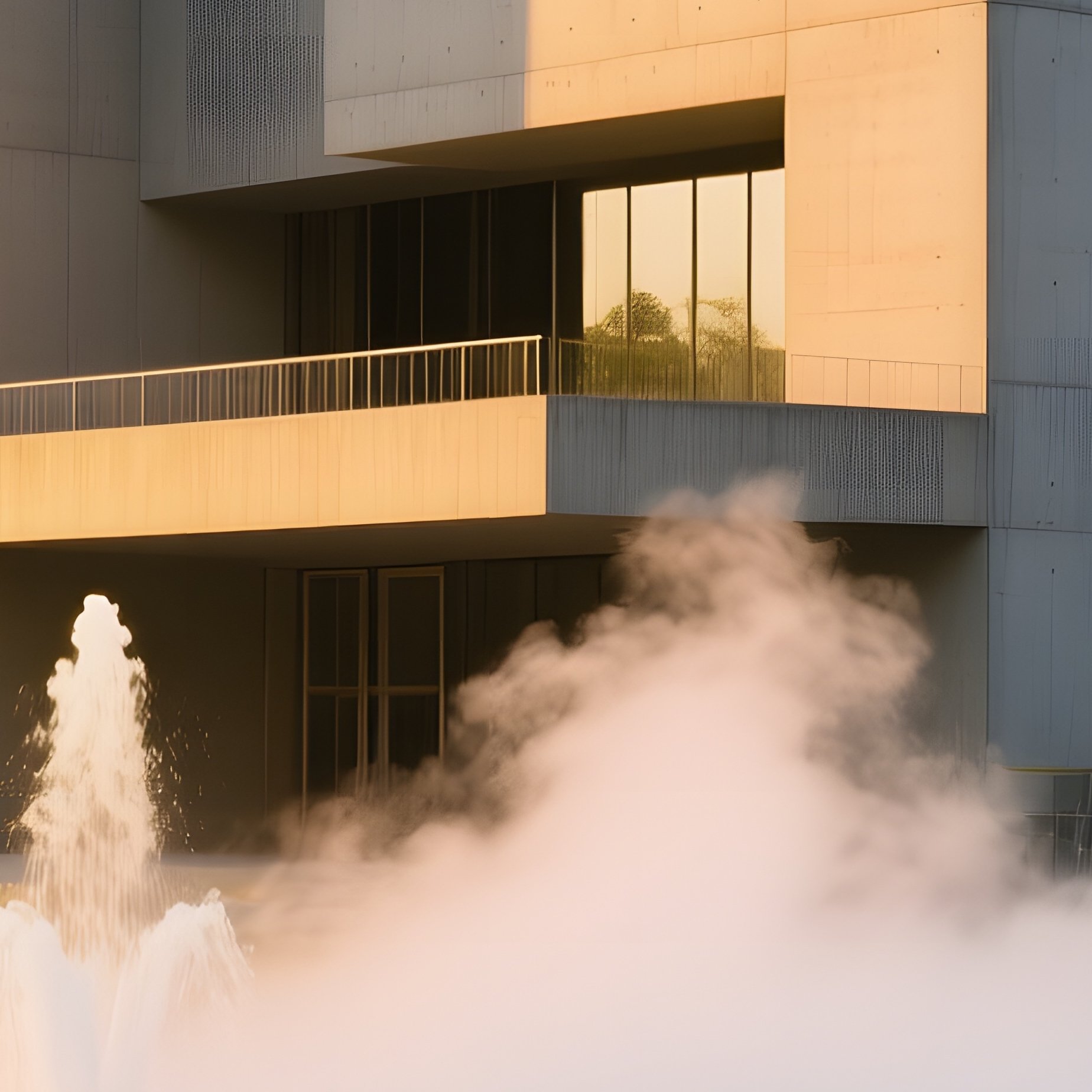 Concrete Cultural Center With Water Fountains Mist - Full Resolution Quality Preview