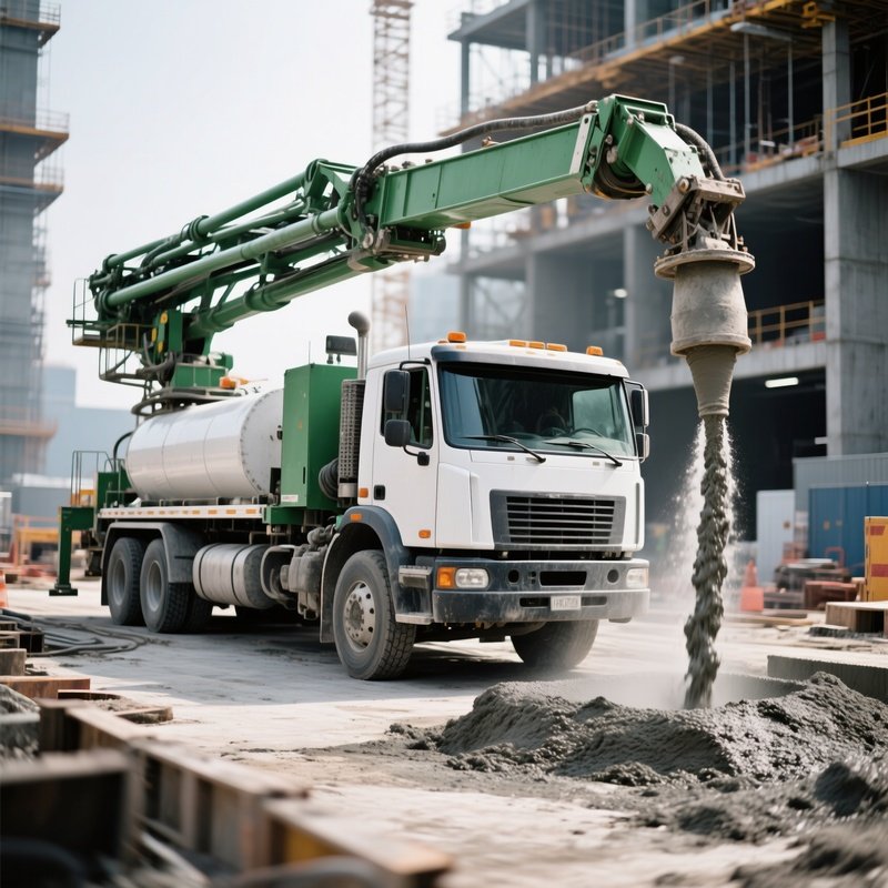 Concrete Pump Truck Extending Arm Across Site