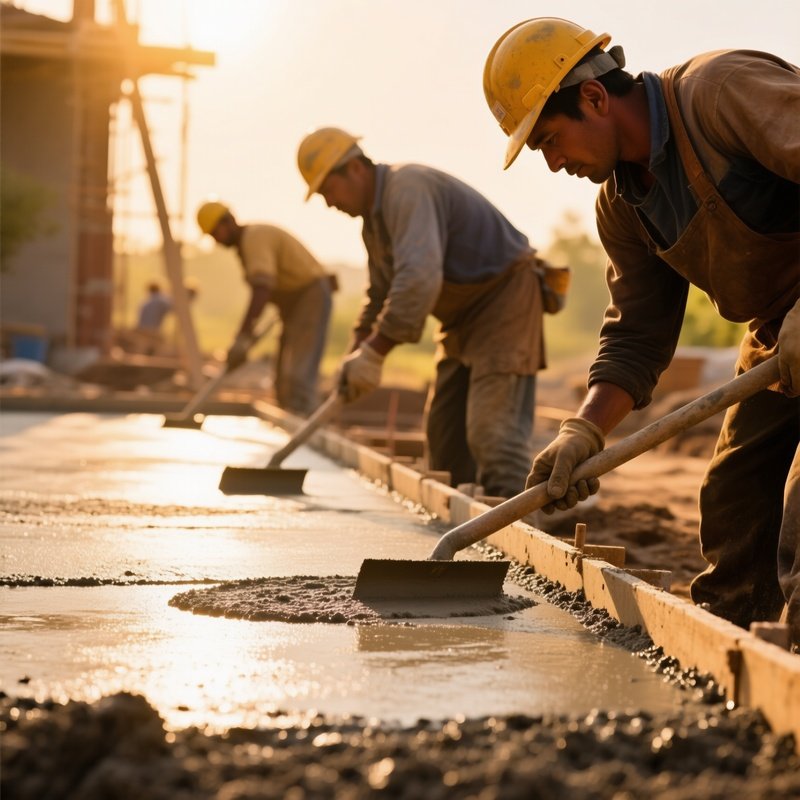 Concrete Smoothing Workers Golden Afternoon Light