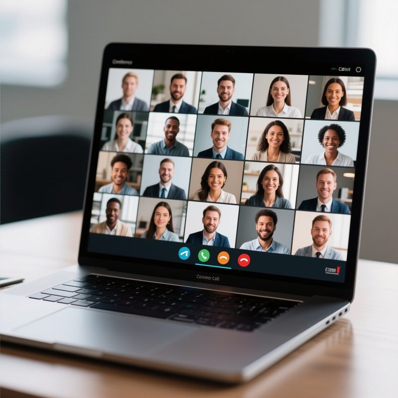 Conference Call: A Laptop Screen View Showing A Grid Of Diverse Faces In A Video Conference, Representing Remote Work And Global Teams.