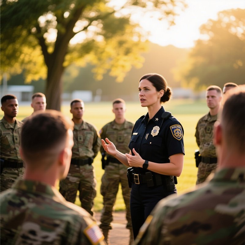 Confident Female Officer Briefing Unit Afternoon Sun