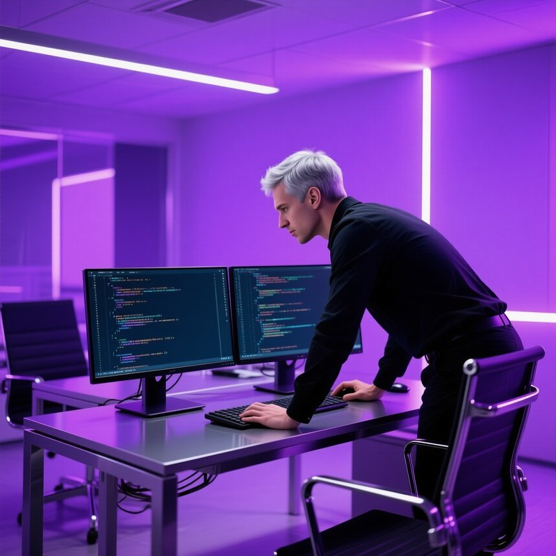 Confident Tech Lead Silver Hair Dual Monitor Purple Light