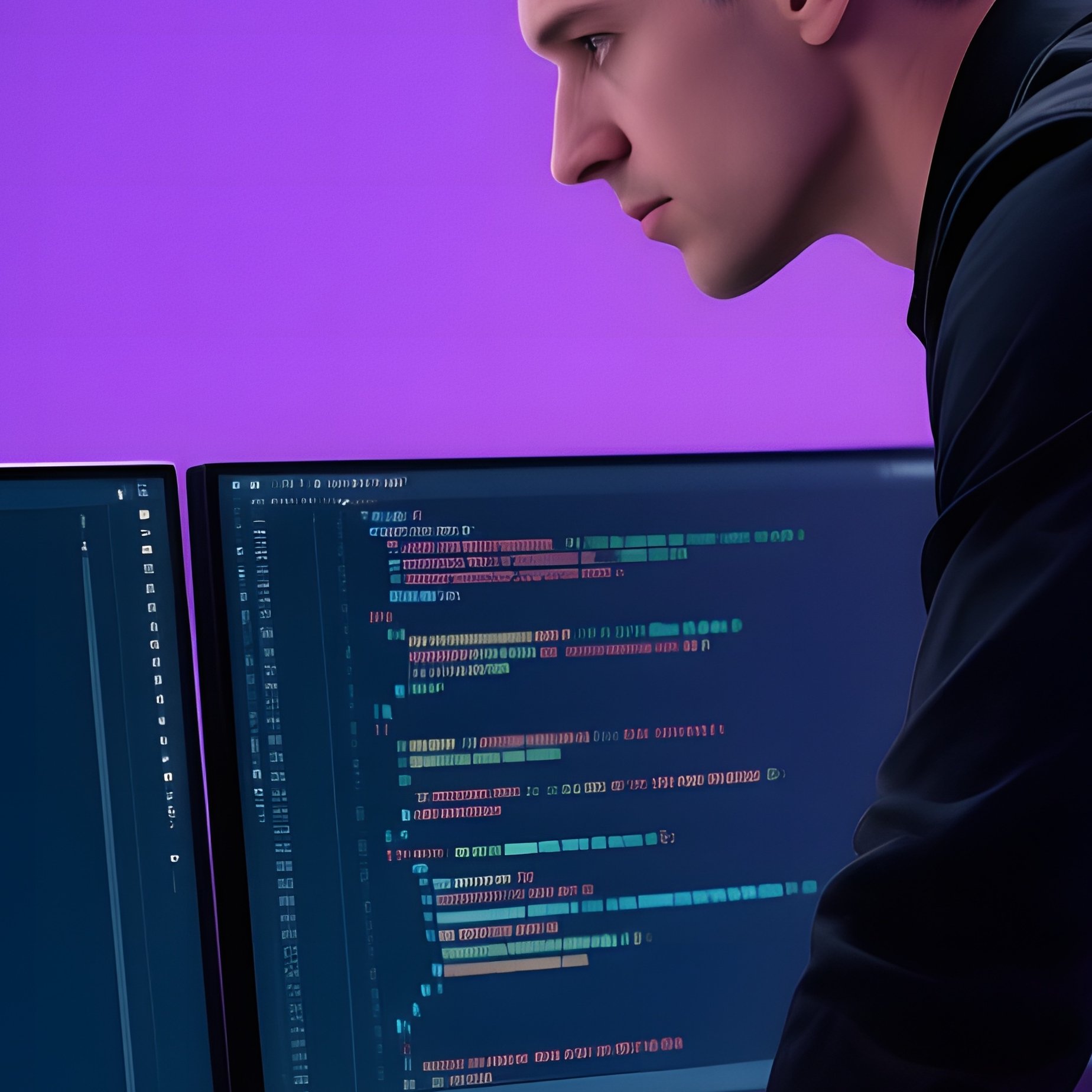 Confident Tech Lead Silver Hair Dual Monitor Purple Light - Full Resolution Quality Preview