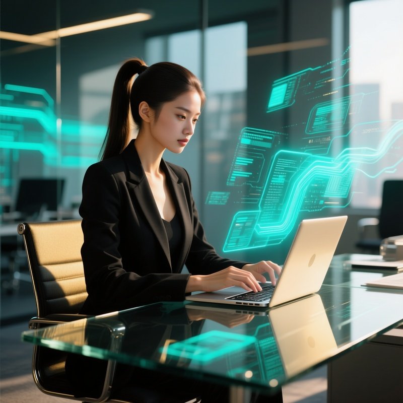 Confident Young Woman Black Blazer Glass Desk Morning Sunlight Holographic Data