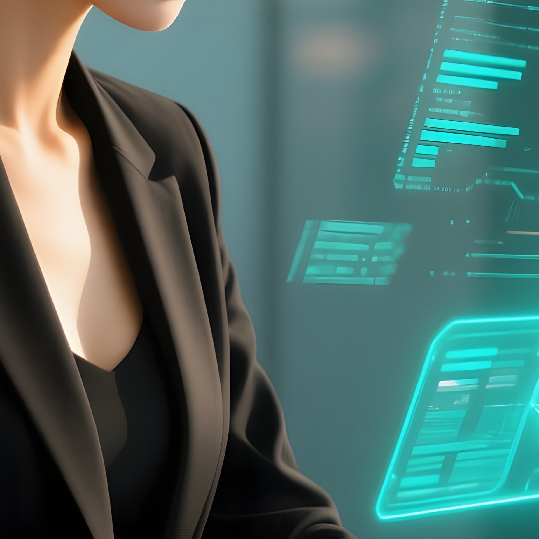 Confident Young Woman Black Blazer Glass Desk Morning Sunlight Holographic Data - Full Resolution Quality Preview