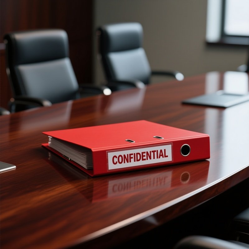 Confidential: A Close Up Of A Red "Confidential" Folder Sitting Alone On A Polished Mahogany Conference Table, Creating A Sense Of Mystery.