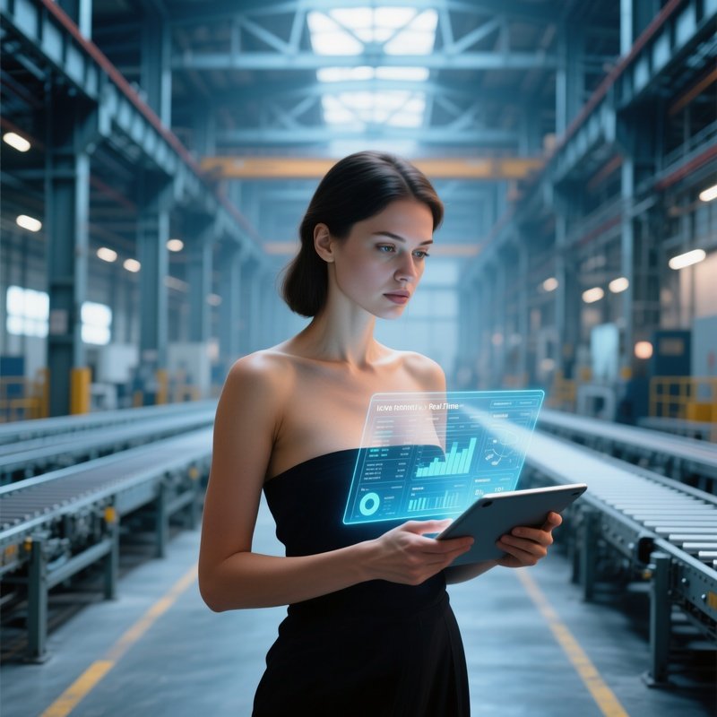Connected Floor Factory Hall With Woman Holding Tablet