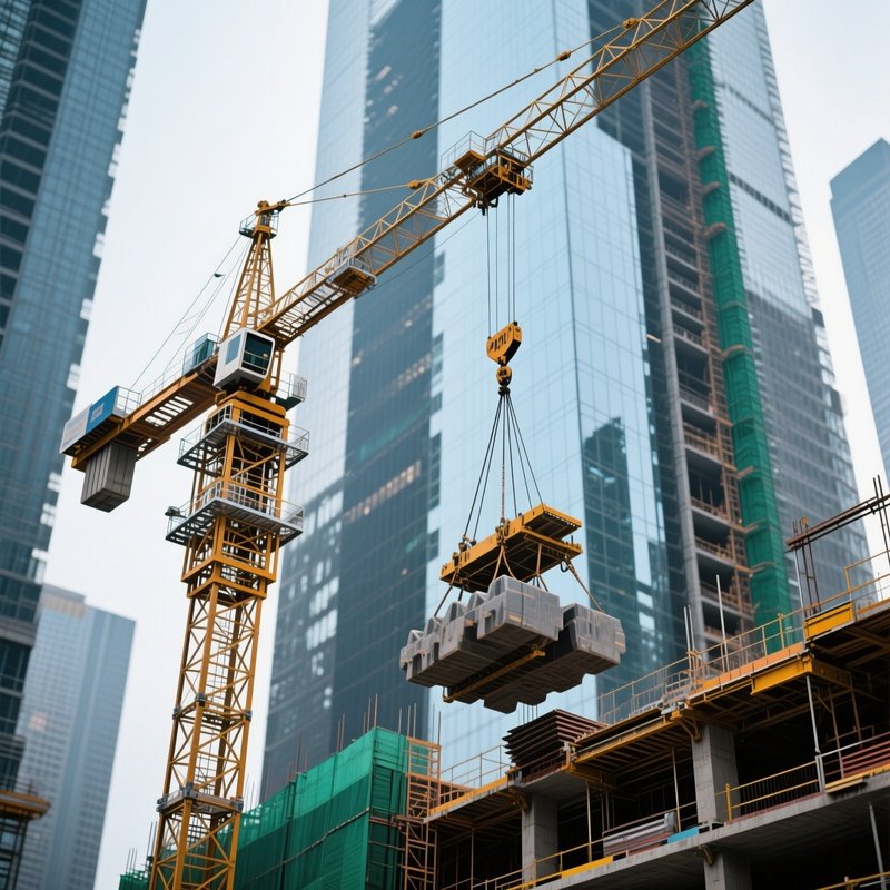 Construction Crane Swinging Materials Over High Rise Project
