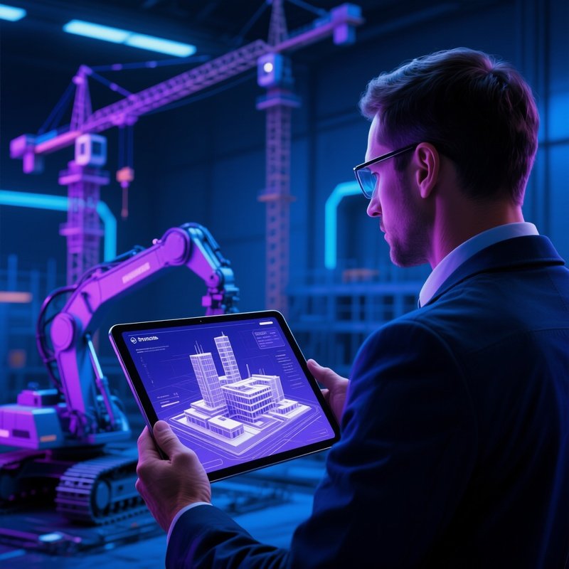 Construction Manager Reviewing 3D Model On Tablet Amid Machinery Futuristic