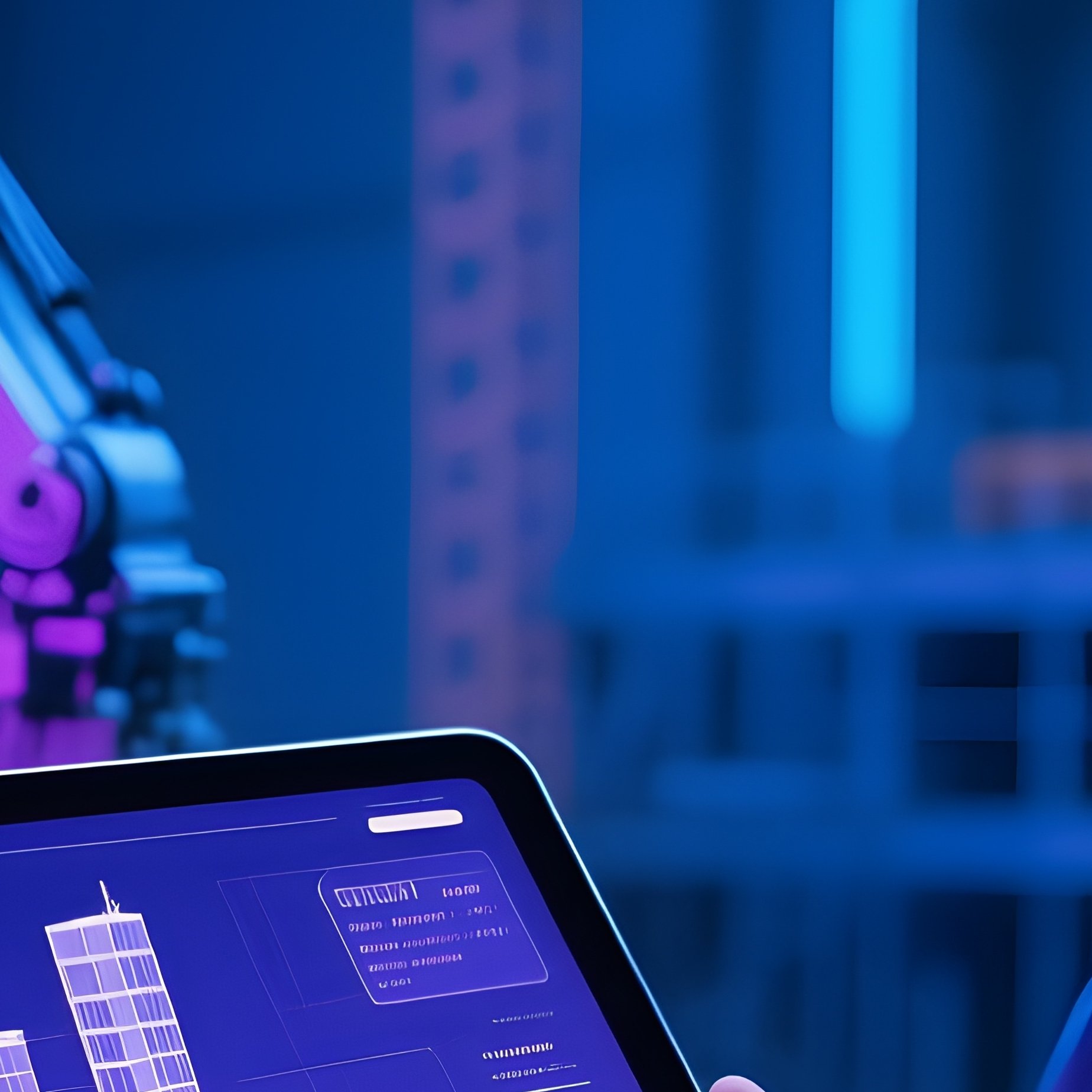 Construction Manager Reviewing 3D Model On Tablet Amid Machinery Futuristic - Full Resolution Quality Preview