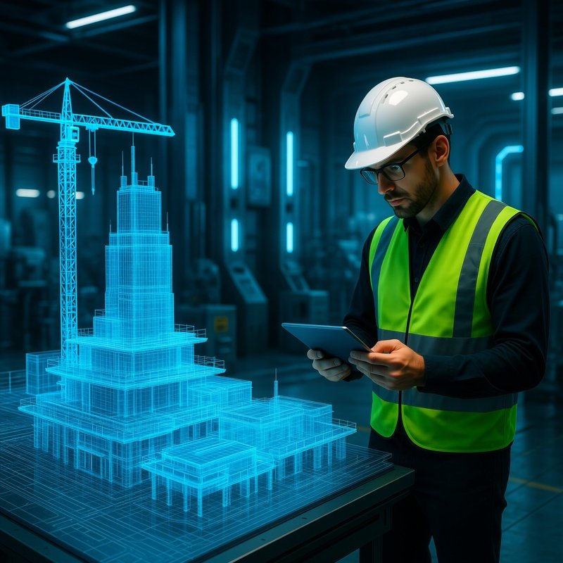Construction Manager Reviewing 3D Model On Tablet Amid Machinery Science Fiction