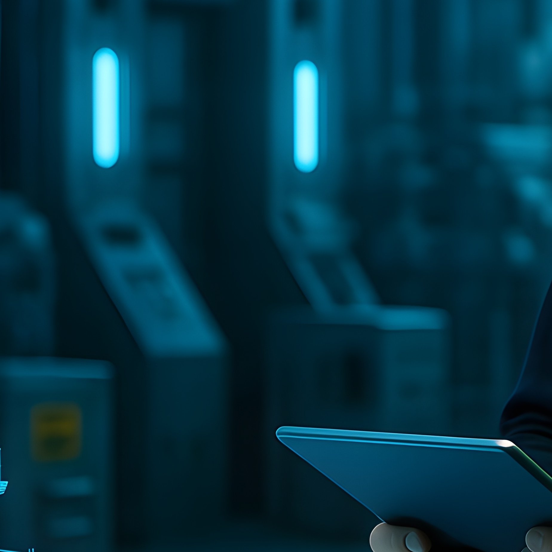 Construction Manager Reviewing 3D Model On Tablet Amid Machinery Science Fiction - Full Resolution Quality Preview