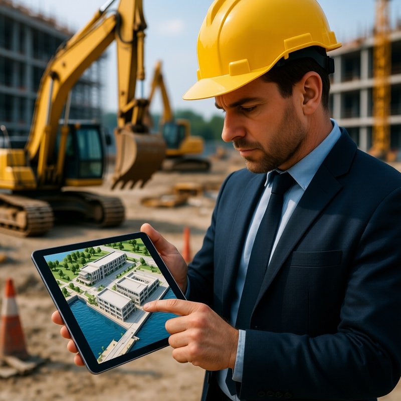 Construction Manager Reviewing 3D Model On Tablet Amid Machinery