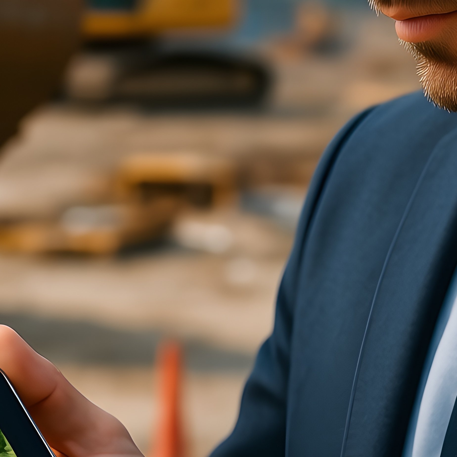 Construction Manager Reviewing 3D Model On Tablet Amid Machinery - Full Resolution Quality Preview