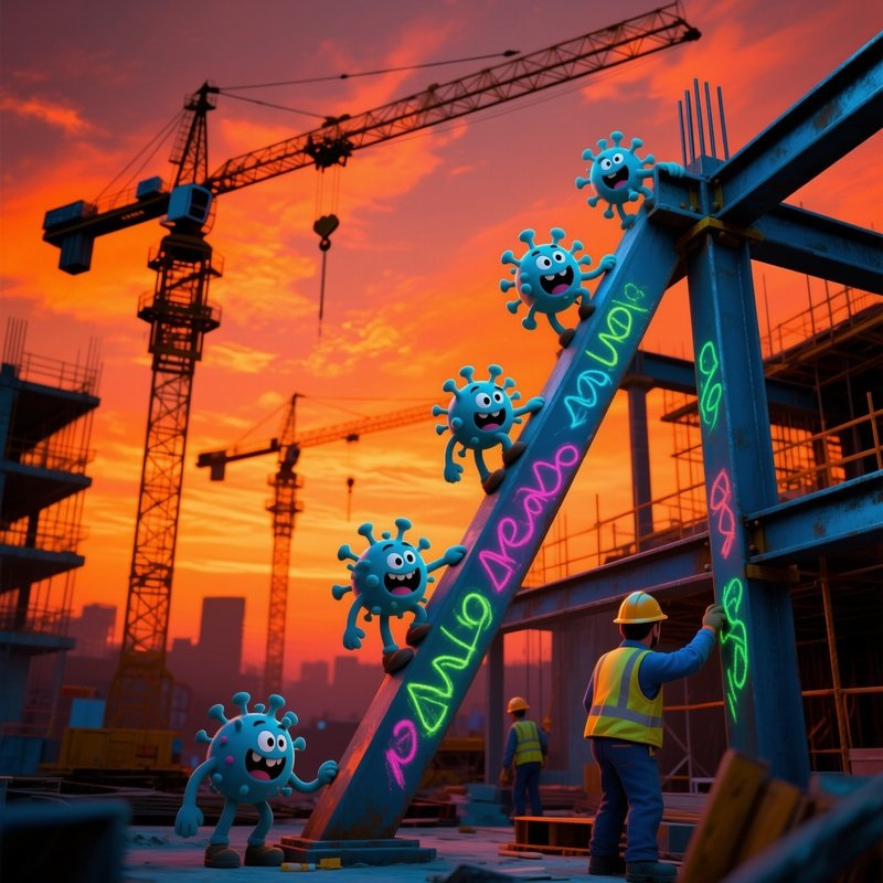 Construction Site At Dusk With Cartoon Viruses