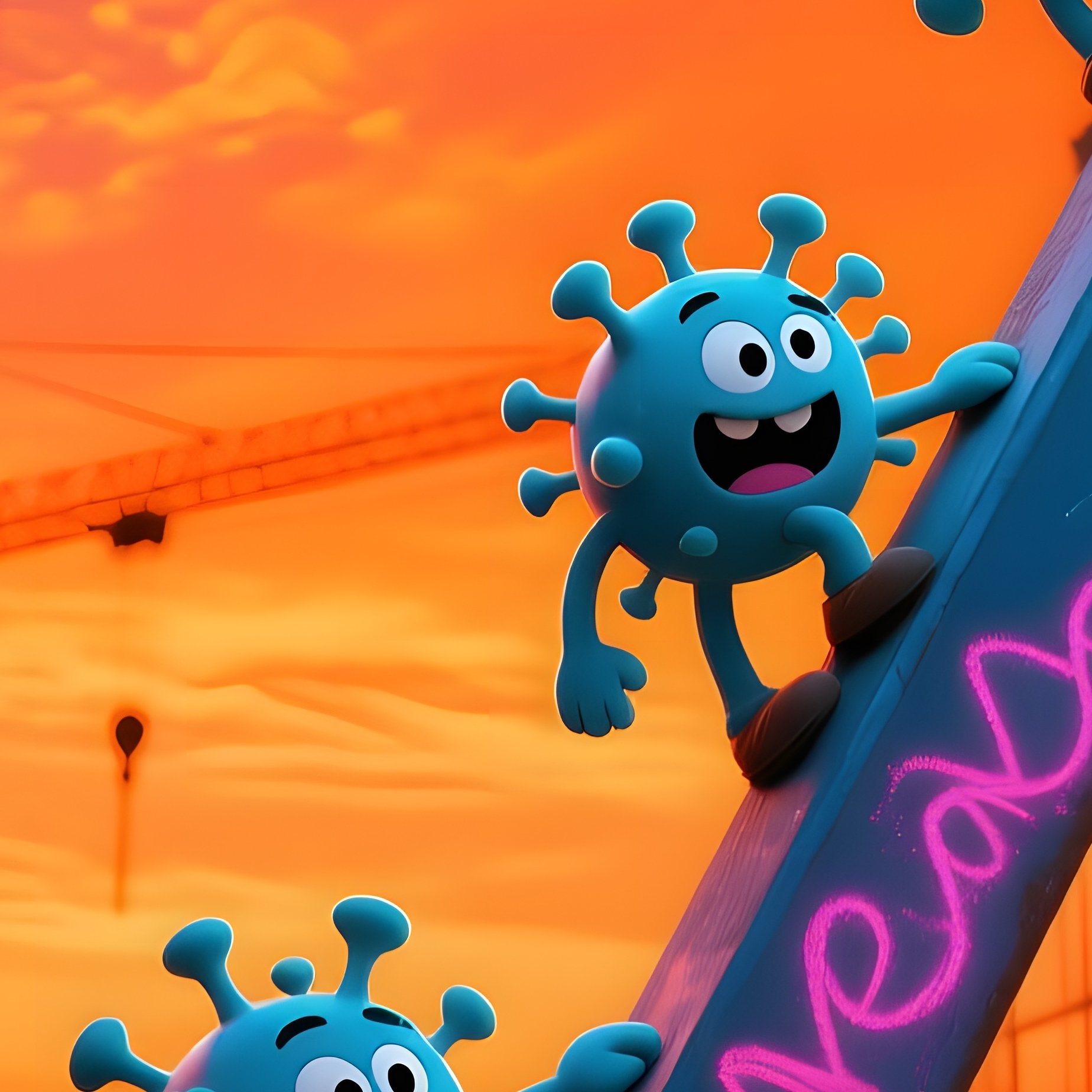 Construction Site At Dusk With Cartoon Viruses - Full Resolution Quality Preview