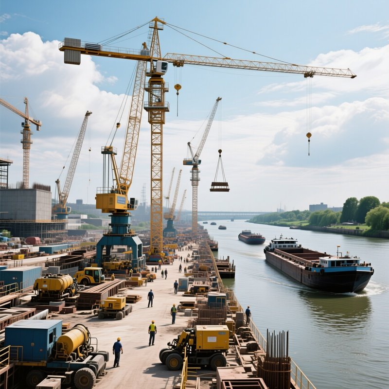 Construction Site River Cranes Barges