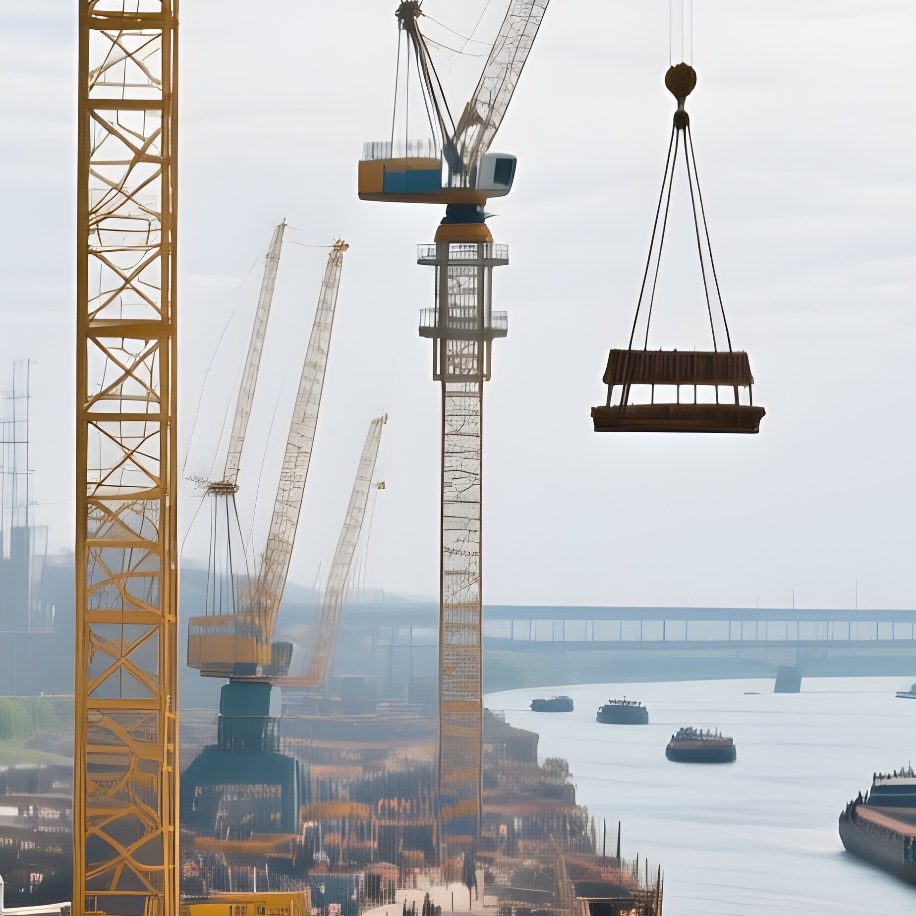 Construction Site River Cranes Barges - Full Resolution Quality Preview