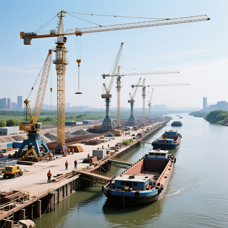 Construction Site River Cranes Barges