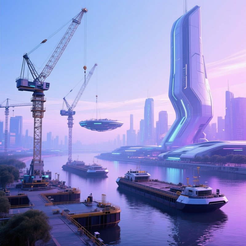 Construction Site River Cranes Barges Sci Fi