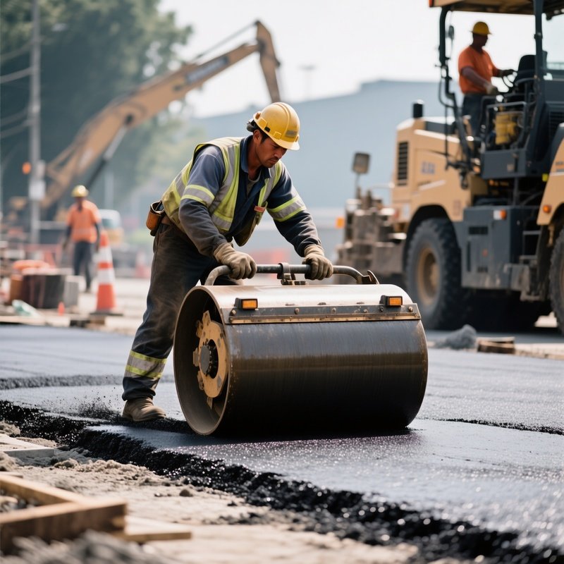 Construction Worker Operating Road Roller On Fresh Asphalt