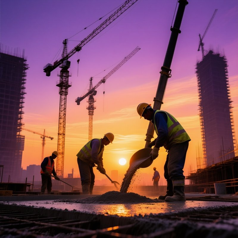 Construction Workers Pouring Concrete At Sunrise