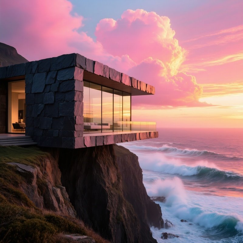Contemporary Cliffside Home Stacked Slate Slabs Glass Walls Sunset