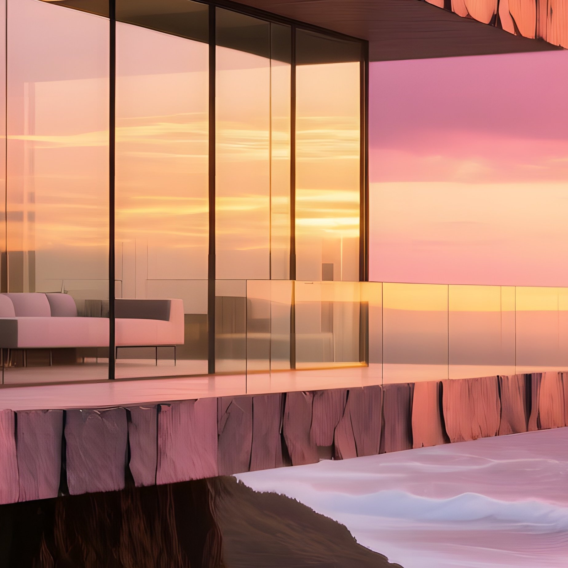 Contemporary Cliffside Home Stacked Slate Slabs Glass Walls Sunset - Full Resolution Quality Preview