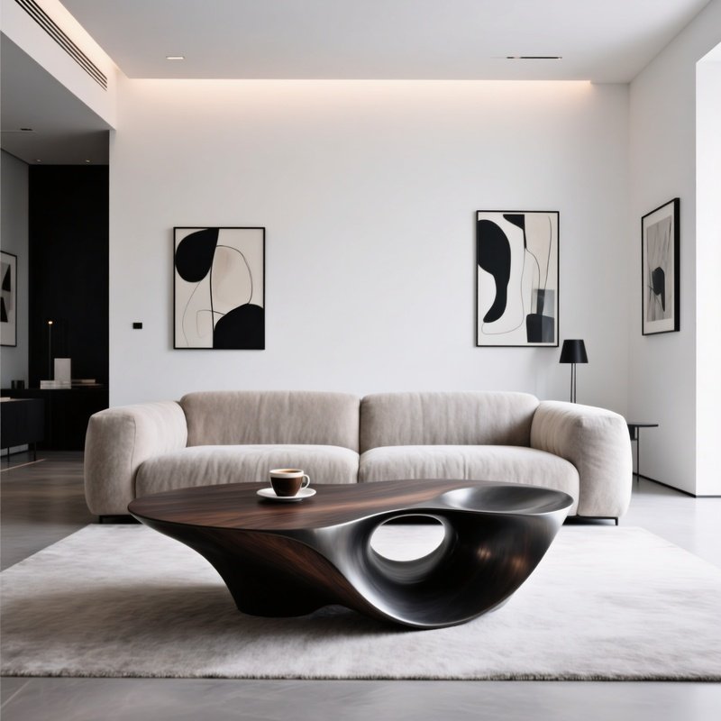Contemporary Living Room Statement Coffee Table Organic Shape Plush Sofa