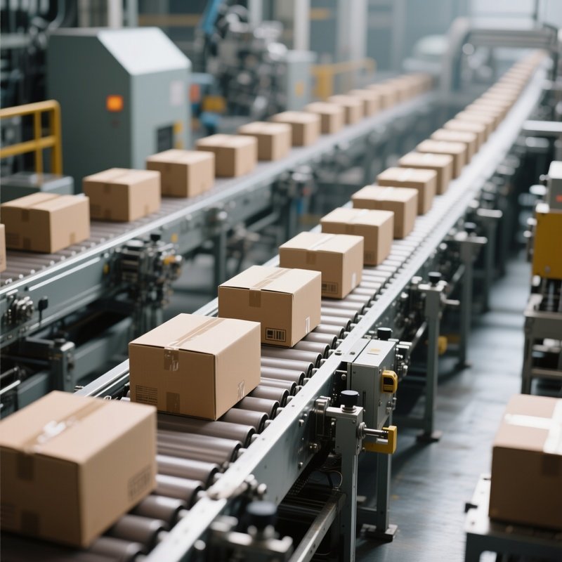 Conveyor Belt: A Factory Conveyor Belt Moving Identical Boxes In Perfect Rhythm, Symbolizing Automation And Workflow.