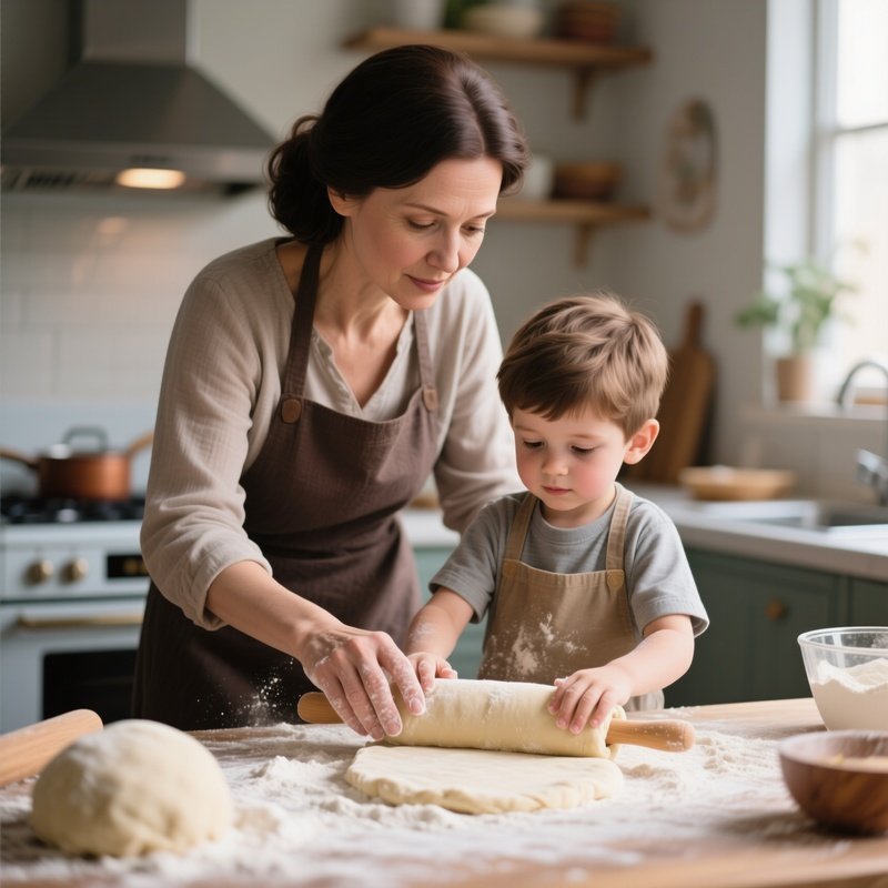 Cooking Lesson: A Mother Teaching Her Son How To Roll Dough In A Flour Dusted Kitchen, Guiding His Small Hands With Hers.