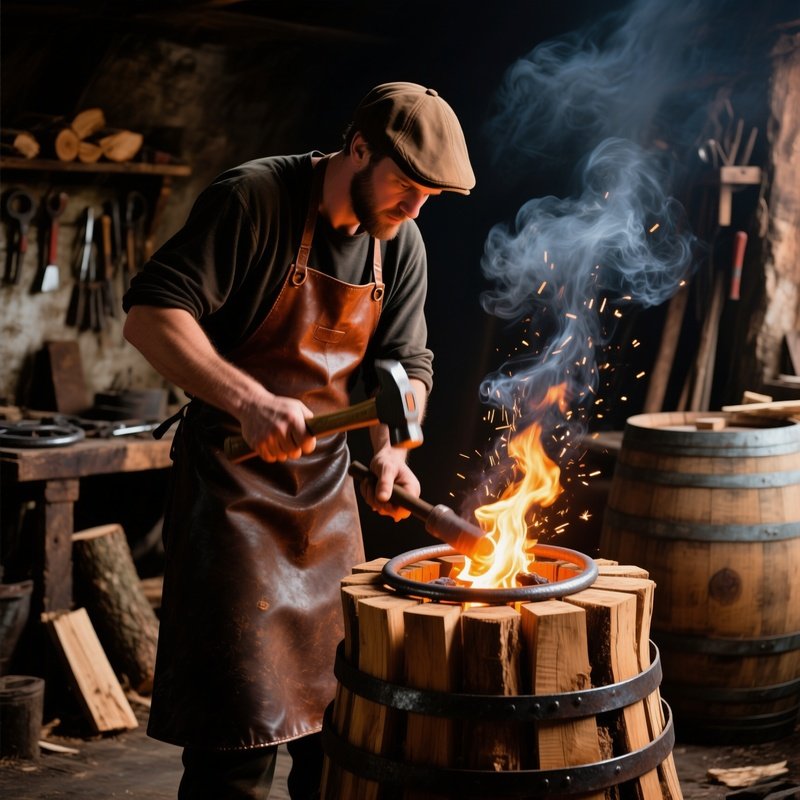 Cooper Hammering Iron Hoops Around Bent Wooden Staves To Make A Wine Barrel Fire Burning In Center To Bend The Wood
