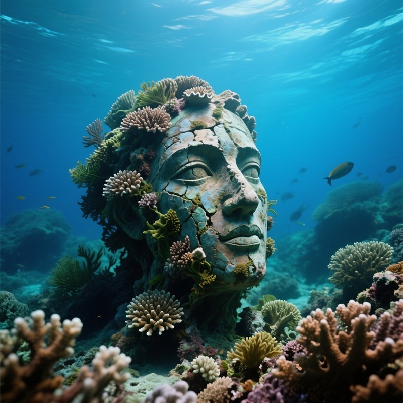 Coral Sculpture Human Face Overgrown By Nature Underwater