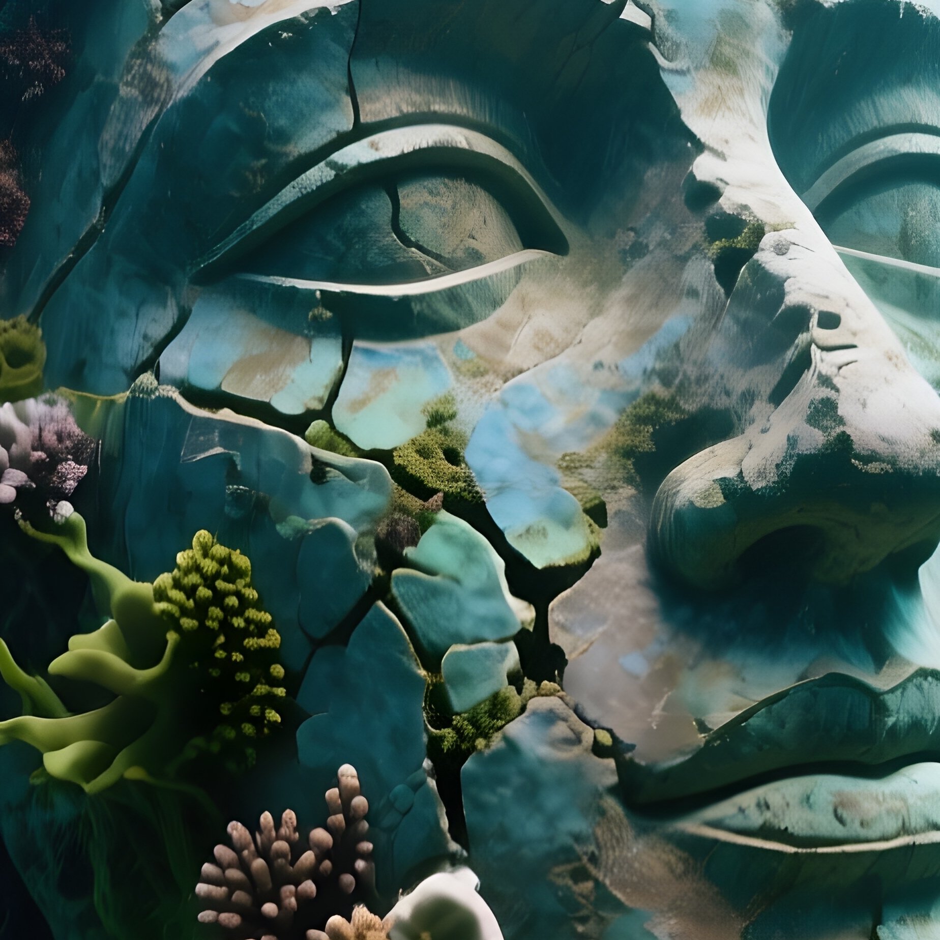 Coral Sculpture Human Face Overgrown By Nature Underwater - Full Resolution Quality Preview
