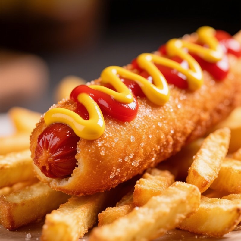 Corn Dog Gamja Hotdog Coated French Fry Cubes Golden Crisp Sugar Ketchup Mustard