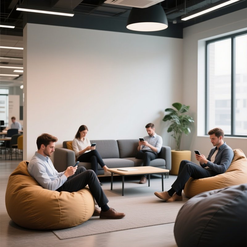 Couch Area: A Relaxed Breakout Area With Bean Bags And A Sofa Where Employees Are Reading Or Checking Their Phones.