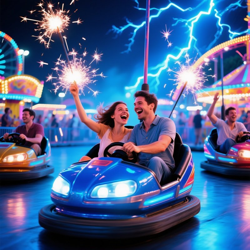 Couples On Bumper Cars Electric Sparks