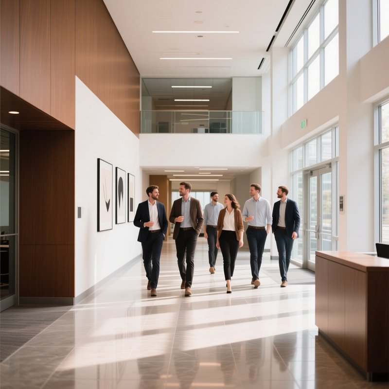 Coworkers Walking Through Lobby