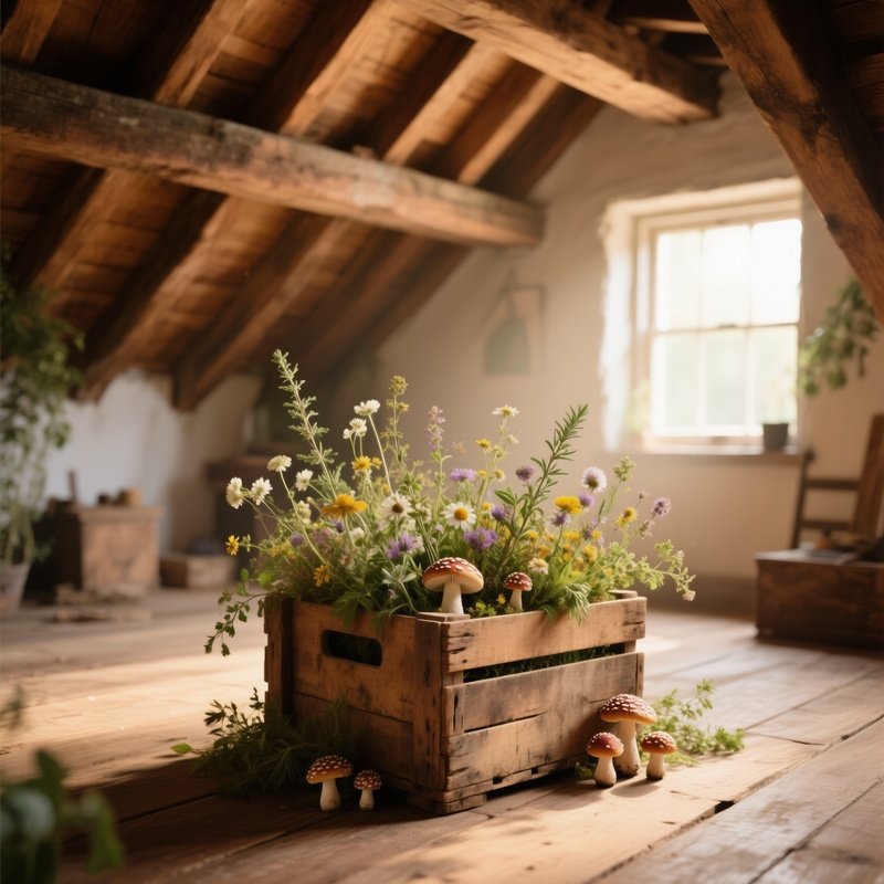 Cozy Attic Studio With Wildflowers In Wooden Crate