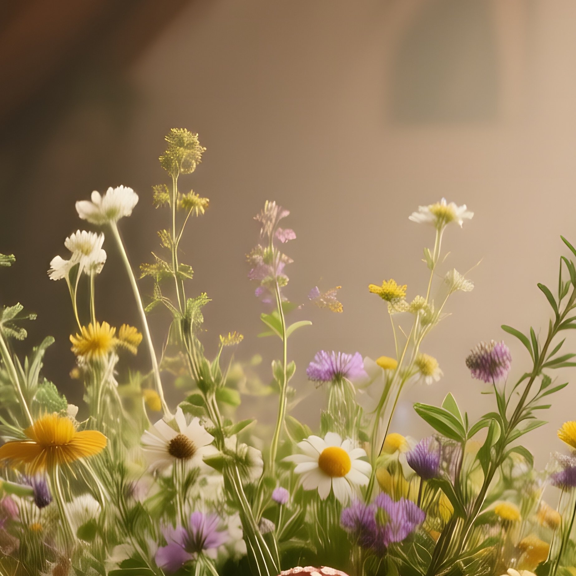 Cozy Attic Studio With Wildflowers In Wooden Crate - Full Resolution Quality Preview