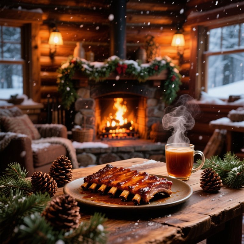 Cozy Cabin Interior During Snowstorm Fireplace Ribs Cider
