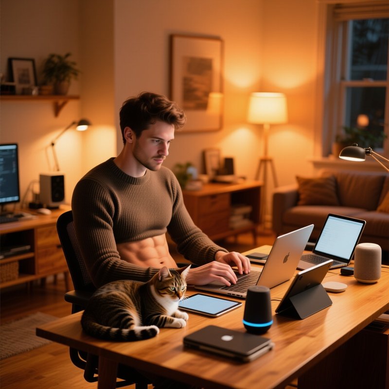 Cozy Home Office With Programmer And Cat