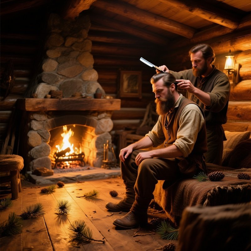 Cozy Mountain Cabin Interior With Stone Fireplace And Bearded Traveler Getting Haircut