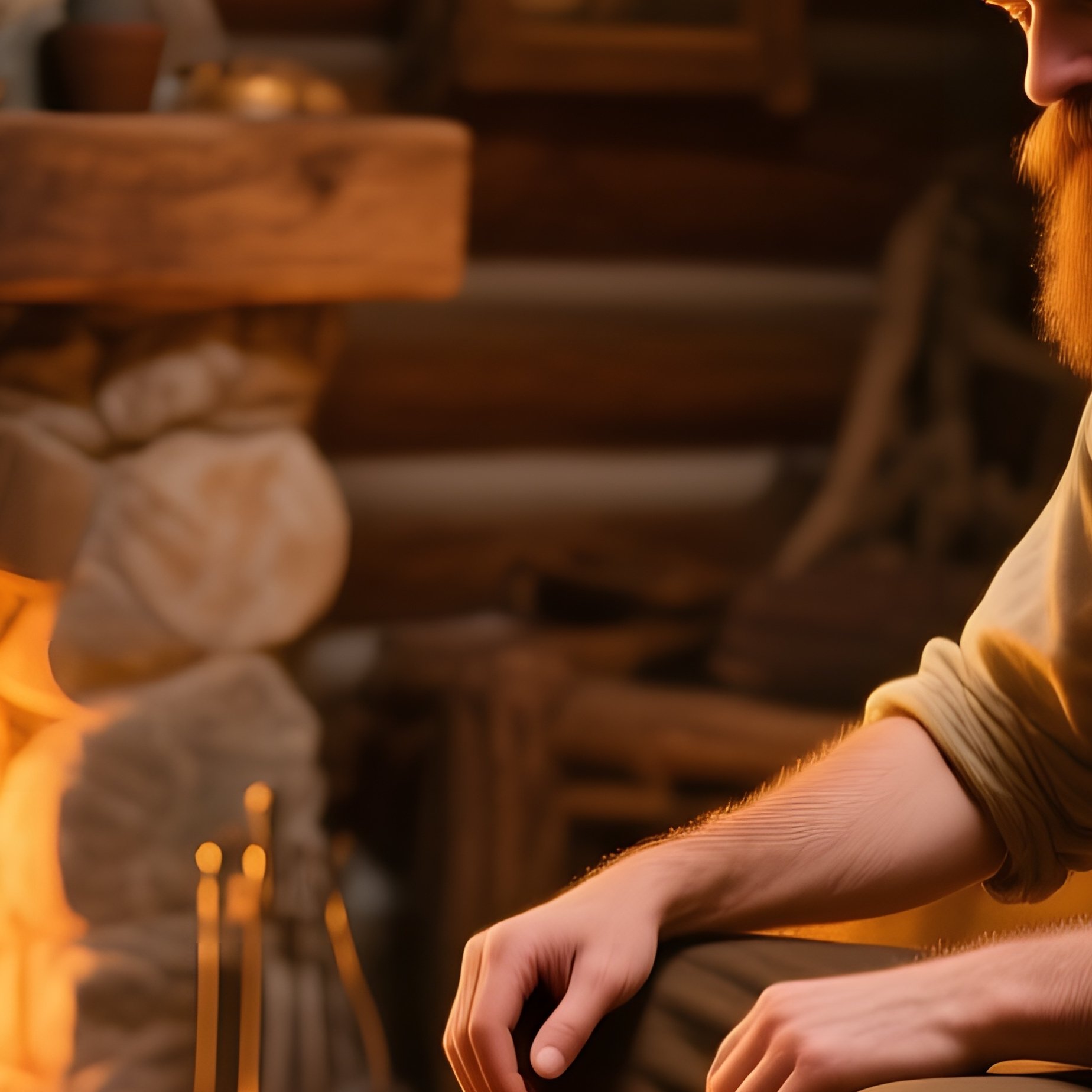 Cozy Mountain Cabin Interior With Stone Fireplace And Bearded Traveler Getting Haircut - Full Resolution Quality Preview