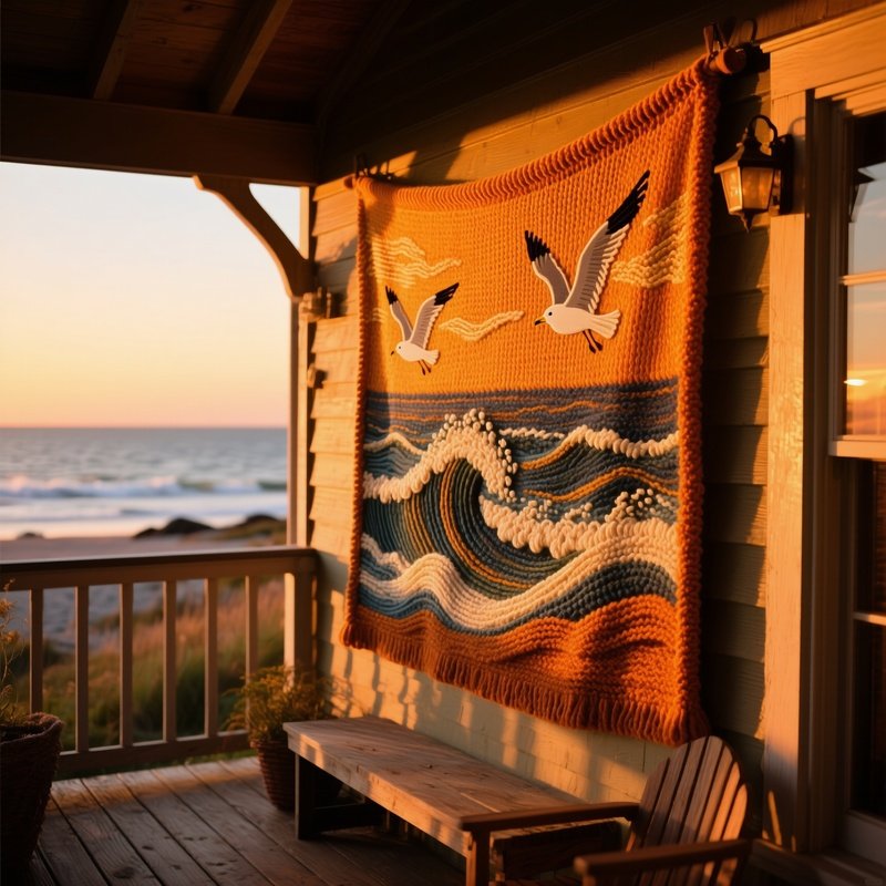 Cozy Seaside Cottage Porch Sunset Hand Knitted Wool Mural