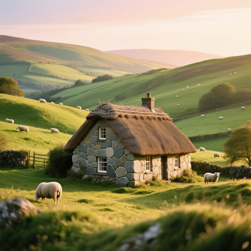 Cozy Thatched House Among Hills Sheep Late Afternoon