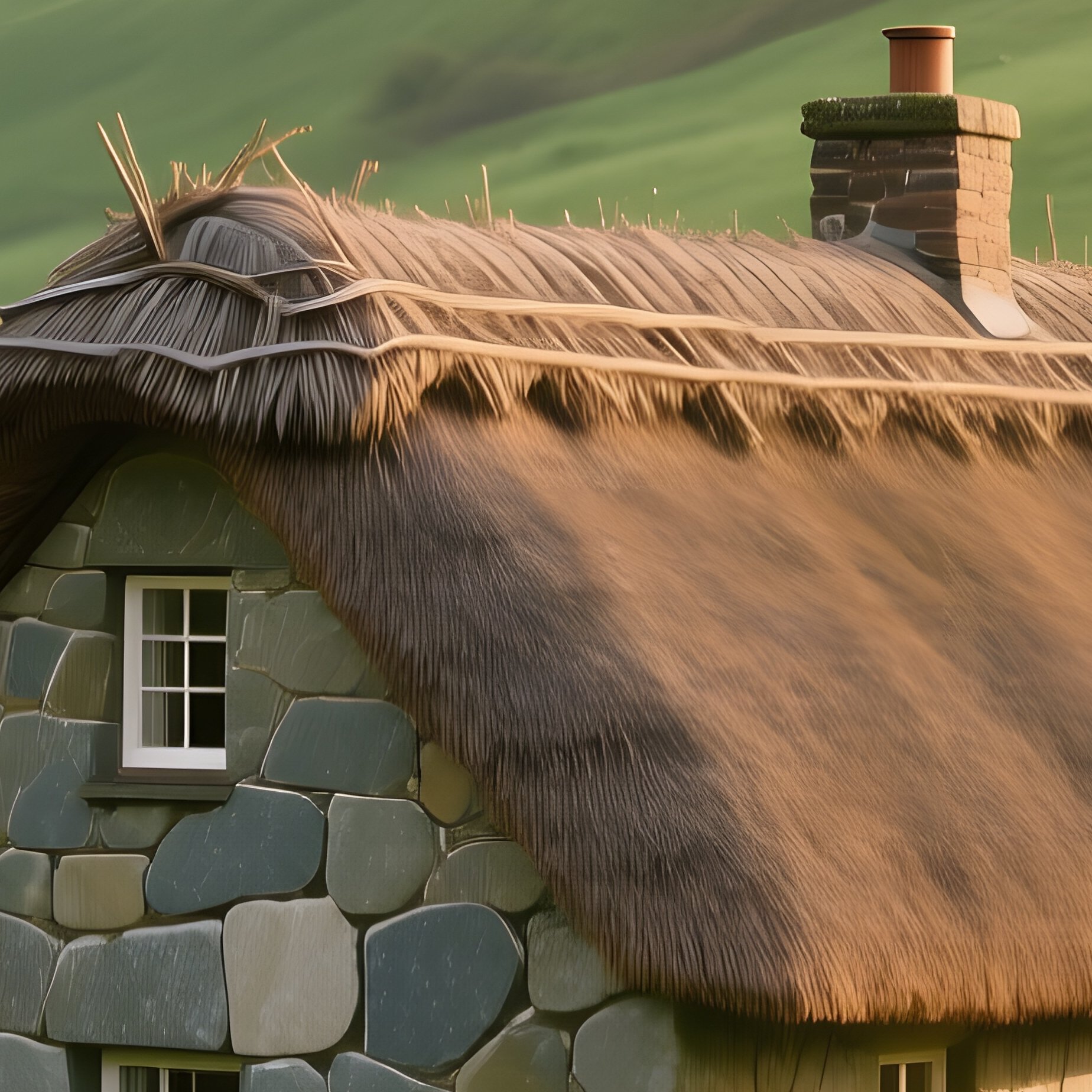 Cozy Thatched House Among Hills Sheep Late Afternoon - Full Resolution Quality Preview