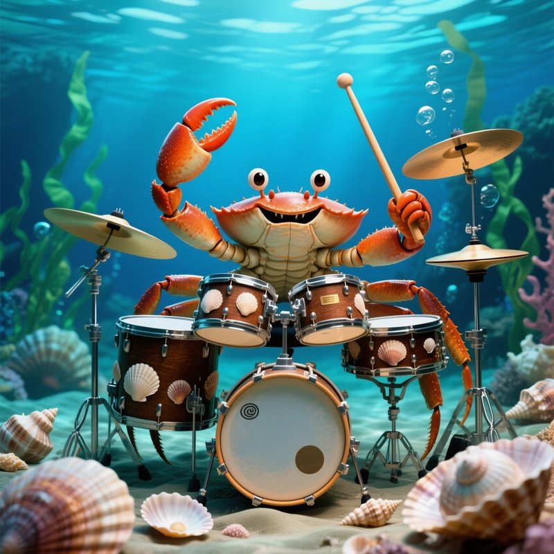 Crab Playing Drum On Seashells Underwater